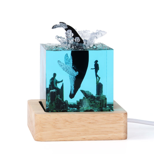 Image of blue ancient architecture humpback whale in the water handcrafted ocean resin whale night light - unique home decor table lamp  ideal for luxury casual home interiors