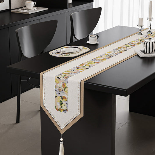 Image of yellow flower elegant green botanical table runner with tassels - 30x180cm  ideal for luxury casual home interiors