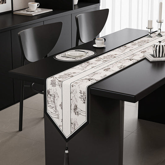 Image of black-white elegant green botanical table runner with tassels - 30x180cm  ideal for luxury casual home interiors