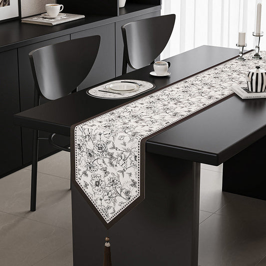 Image of crushed flower elegant green botanical table runner with tassels - 30x180cm  ideal for luxury casual home interiors