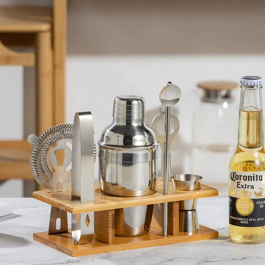 Image of 350ml 7-piece stainless steel cocktail shaker set with bamboo stand - bartender kit  ideal for luxury casual home interiors