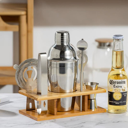 Image of 550ml 7-piece stainless steel cocktail shaker set with bamboo stand - bartender kit  ideal for luxury casual home interiors