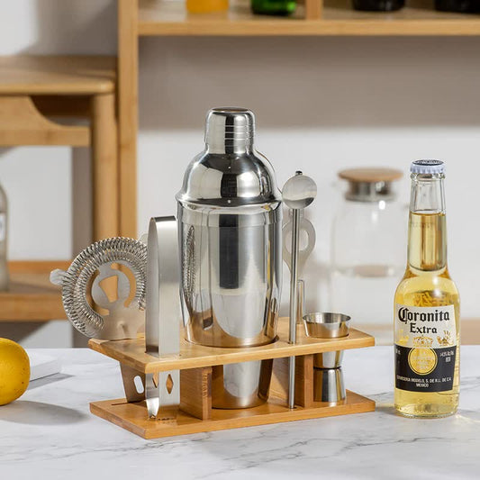 Image of 750ml 7-piece stainless steel cocktail shaker set with bamboo stand - bartender kit  ideal for luxury casual home interiors