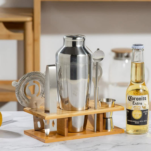 Image of 700ml 7-piece stainless steel cocktail shaker set with bamboo stand - bartender kit  ideal for luxury casual home interiors