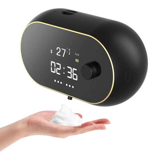 Image of black wall-mounted automatic foam soap dispenser with led display  versatile for both home and professional use