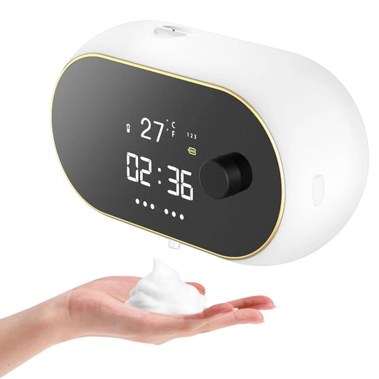 Image of white wall-mounted automatic foam soap dispenser with led display  versatile for both home and professional use