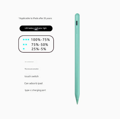Image of green stylus pen for ipad (2018 & later) - tilt pressure, magnetic attachment, led battery indicator, type-c rechargeable  suitable for aged care, corporate offices, and commercial settings