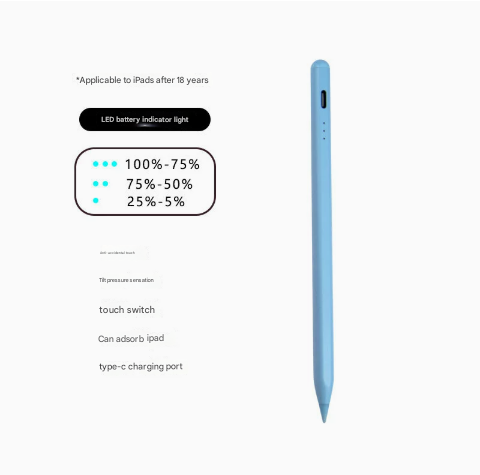 Image of blue stylus pen for ipad (2018 & later) - tilt pressure, magnetic attachment, led battery indicator, type-c rechargeable  suitable for aged care, corporate offices, and commercial settings