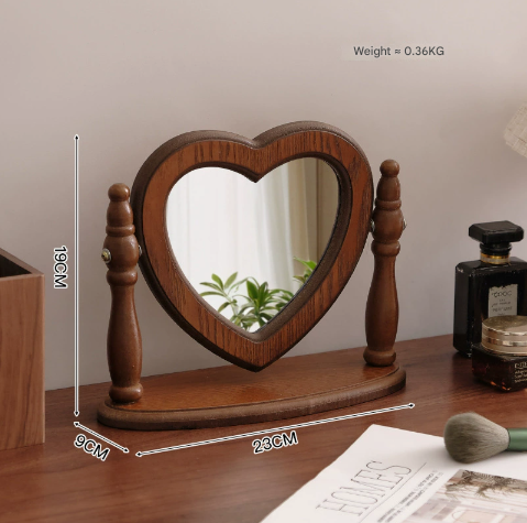 Image of love shaped mirror cordate wooden tabletop vanity mirror, elegant design  ideal for luxury casual home interiors