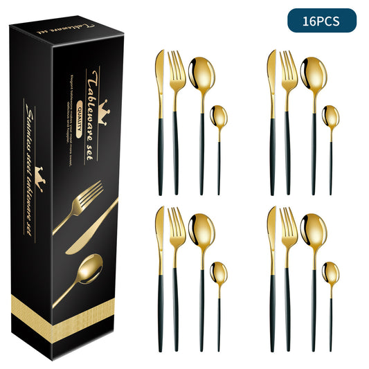 Image of green and gold patchwork colours 410 stainless steel 16-piece flatware set  elegant dinnerware with knife, fork, spoon for 4 people  ideal for luxury casual home interiors