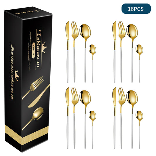 Image of white and gold patchwork colours 410 stainless steel 16-piece flatware set - elegant dinnerware with knife, fork, spoon for 4 people  ideal for luxury casual home interiors