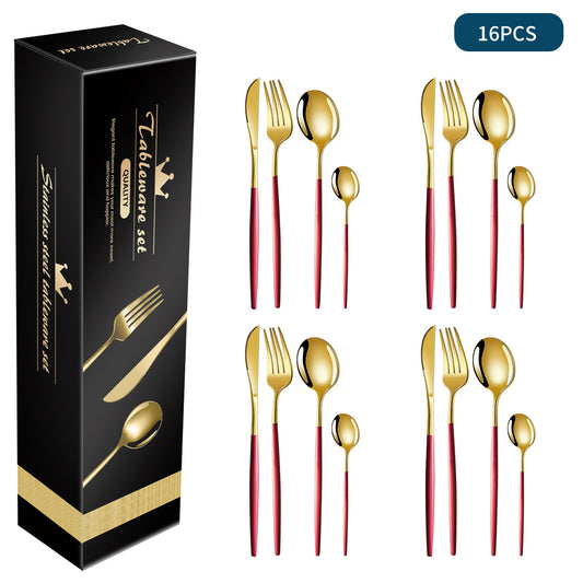 Image of red and gold patchwork colours 410 stainless steel 16-piece flatware set - elegant dinnerware with knife, fork, spoon for 4 people  ideal for luxury casual home interiors