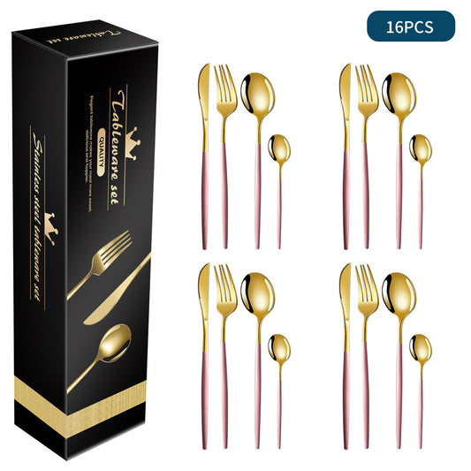 Image of pink and gold patchwork colours 410 stainless steel 16-piece flatware set - elegant dinnerware with knife, fork, spoon for 4 people  ideal for luxury casual home interiors
