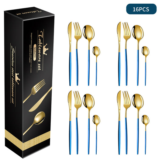 Image of blue and gold patchwork colours 410 stainless steel 16-piece flatware set - elegant dinnerware with knife, fork, spoon for 4 people  ideal for luxury casual home interiors