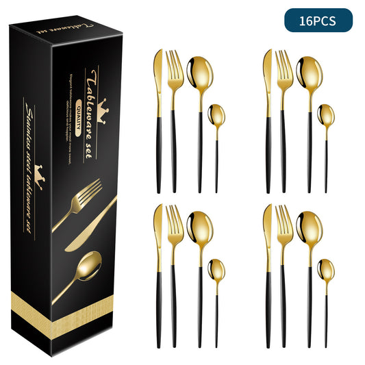 Image of black and gold patchwork colours 410 stainless steel 16-piece flatware set - elegant dinnerware with knife, fork, spoon for 4 people  ideal for luxury casual home interiors