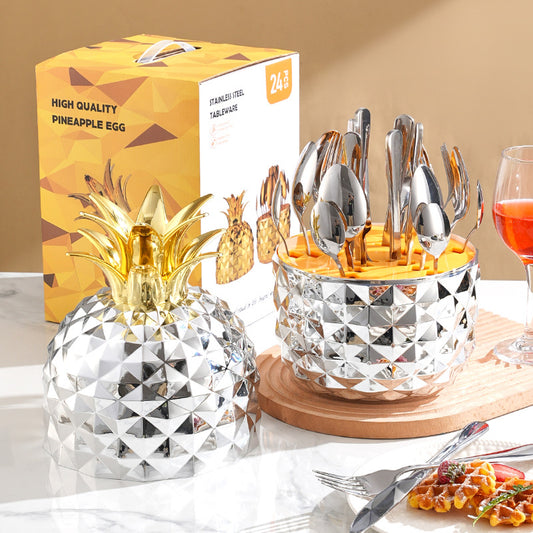 Image of silver creative pineapple-shaped 410 stainless steel 24-piece cutlery set - elegant 6-person dining gift set  ideal for luxury casual home interiors
