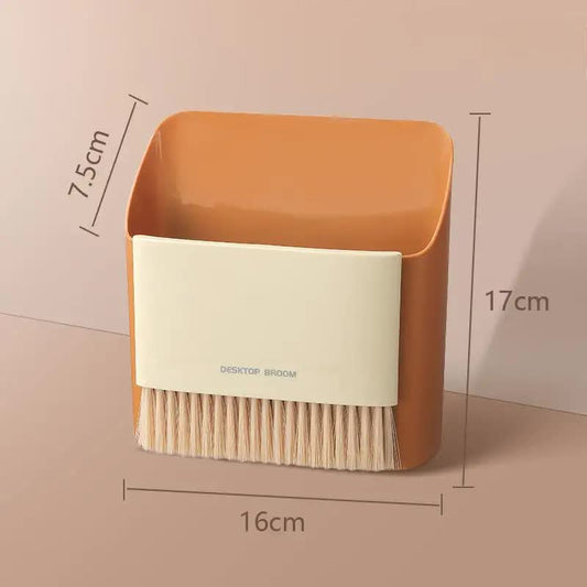 Image of 2 set orange mini desktop sweeper and trash bin set | compact desk cleaning brush organizer | small tabletop sweeping dustpan for home and office use  versatile for both home and professional use