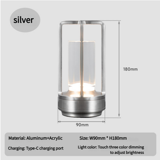 Image of silver rechargeable table lamp - touch dimming 3-color led light for bedroom and office  versatile for both home and professional use