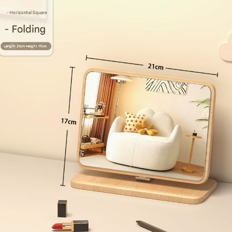 Image of horizontal square folding mirror tabletop makeup mirror - large wooden swivel vanity mirror for desk  ideal for luxury casual home interiors