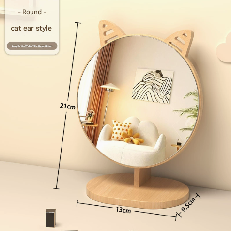 Image of cartoon cat ear mirror tabletop makeup mirror - large wooden swivel vanity mirror for desk  ideal for luxury casual home interiors