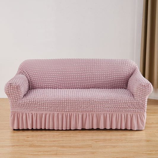 Image of pink three-person sofa bubble gauze sofa cover with skirt - full elastic dustproof three-person seater 190-230cm  ideal for luxury casual home interiors