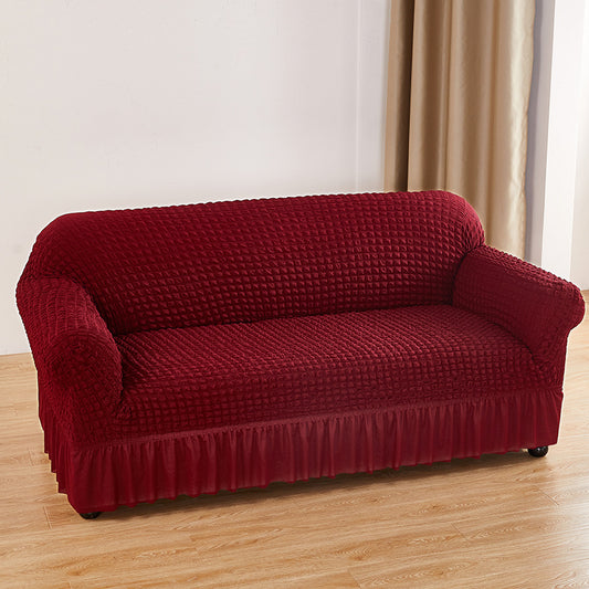 Image of wine-red three-person sofa bubble gauze sofa cover with skirt - full elastic dustproof three-person seater 190-230cm  ideal for luxury casual home interiors