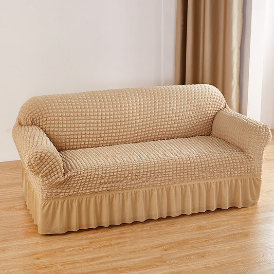 Image of beige three-person sofa bubble gauze sofa cover with skirt - full elastic dustproof three-person seater 190-230cm  ideal for luxury casual home interiors