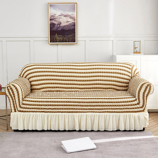 Image of beige-coffee three-person sofa bubble gauze sofa cover with skirt - full elastic dustproof three-person seater 190-230cm  ideal for luxury casual home interiors