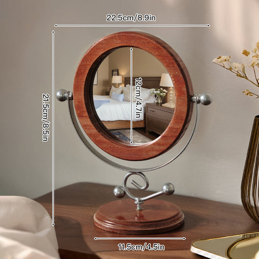 Image of silver and brown vintage solid wood makeup mirror - 360 rotation desktop vanity mirror  ideal for luxury casual home interiors