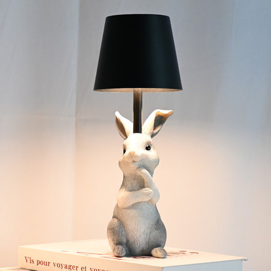 Image of grey bunny black lampshade adorable rabbit resin table lamp - 3-color led, usb rechargeable, touch dimming  ideal for luxury casual home interiors
