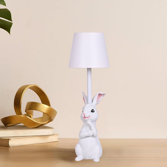 Image of white bunny white lampshade adorable rabbit resin table lamp - 3-color led, usb rechargeable, touch dimming  ideal for luxury casual home interiors