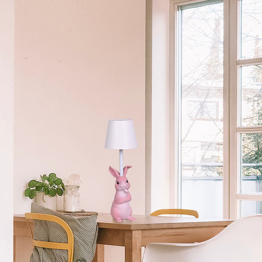 Image of pink bunny white lampshade adorable rabbit resin table lamp - 3-color led, usb rechargeable, touch dimming  ideal for luxury casual home interiors