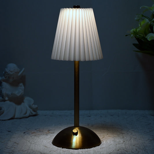 Image of white elegant pleated fabric table lamp - 3-color led, usb rechargeable, touch dimming  ideal for luxury casual home interiors