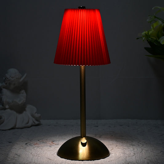 Image of red elegant pleated fabric table lamp - 3-color led, usb rechargeable, touch dimming  ideal for luxury casual home interiors