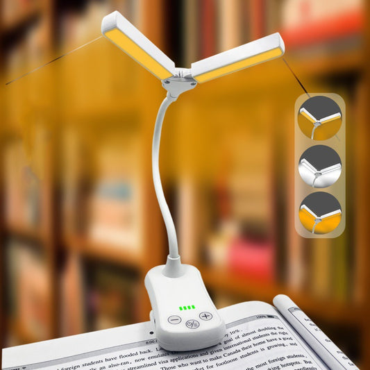 Image of white rechargeable dual-head clip-on book light - touch control reading lamp with eye protection  available at The Epic Shop