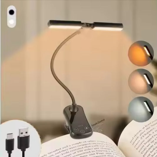 Image of black rechargeable dual-head clip-on book light - touch control reading lamp with eye protection  available at The Epic Shop