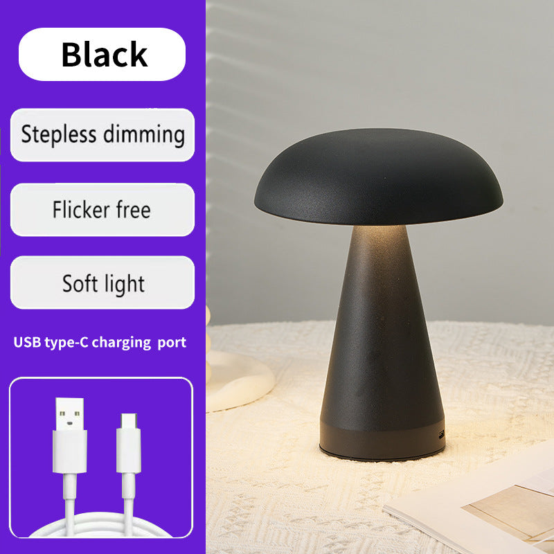 Image of black metal mushroom table lamp - rechargeable touch control ambient light with remote  ideal for luxury casual home interiors
