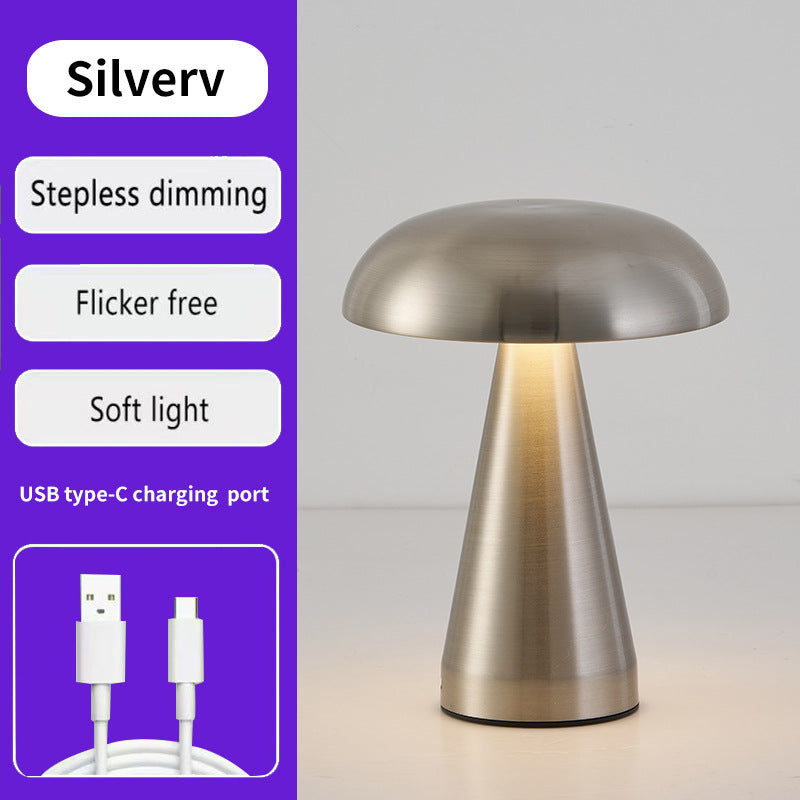 Image of silver metal mushroom table lamp - rechargeable touch control ambient light with remote  ideal for luxury casual home interiors