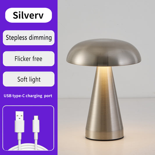 Image of silver metal mushroom table lamp - rechargeable touch control ambient light with remote  ideal for luxury casual home interiors
