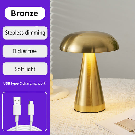 Image of bronze metal mushroom table lamp - rechargeable touch control ambient light with remote  ideal for luxury casual home interiors