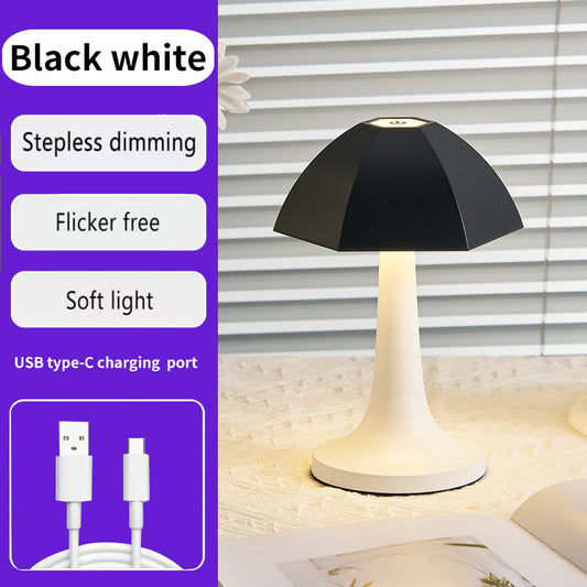 Image of black and white nordic umbrella mushroom table lamp - dimmable ambient light  ideal for luxury casual home interiors