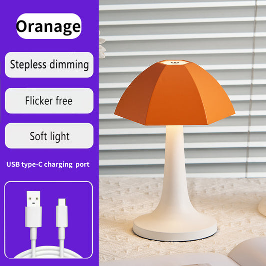 Image of orange and white nordic umbrella mushroom table lamp - dimmable ambient light  ideal for luxury casual home interiors