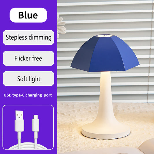 Image of blue and white nordic umbrella mushroom table lamp - dimmable ambient light  ideal for luxury casual home interiors