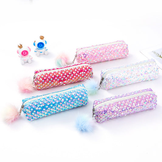 Image of 5-pcs sequin pencil bag - rainbow glitter, student storage  suitable for aged care, corporate offices, and commercial settings