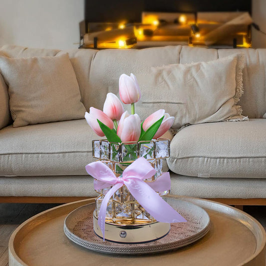Image of pink tulips led crystal flower table lamp - usb rechargeable touch control night light  ideal for luxury casual home interiors