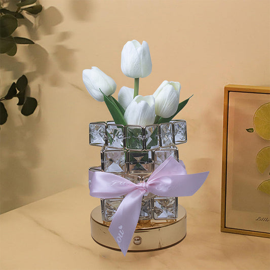 Image of white tulips led crystal flower table lamp - usb rechargeable touch control night light  ideal for luxury casual home interiors