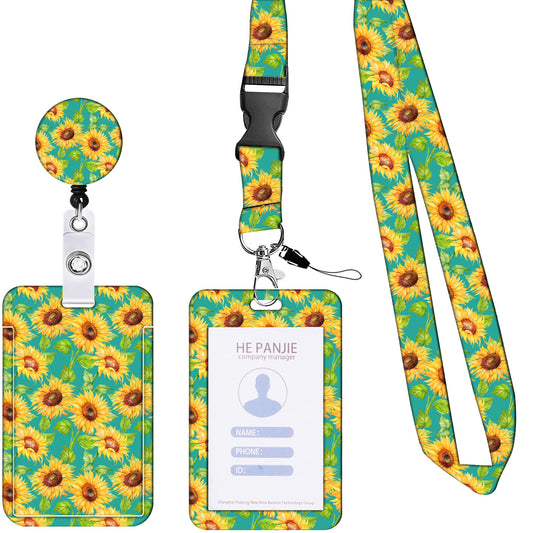 Image of 2 pcs yellow and green sunflower patterns retractable badge reel & id card holder set with lanyard - durable abs plastic  suitable for aged care, corporate offices, and commercial settings