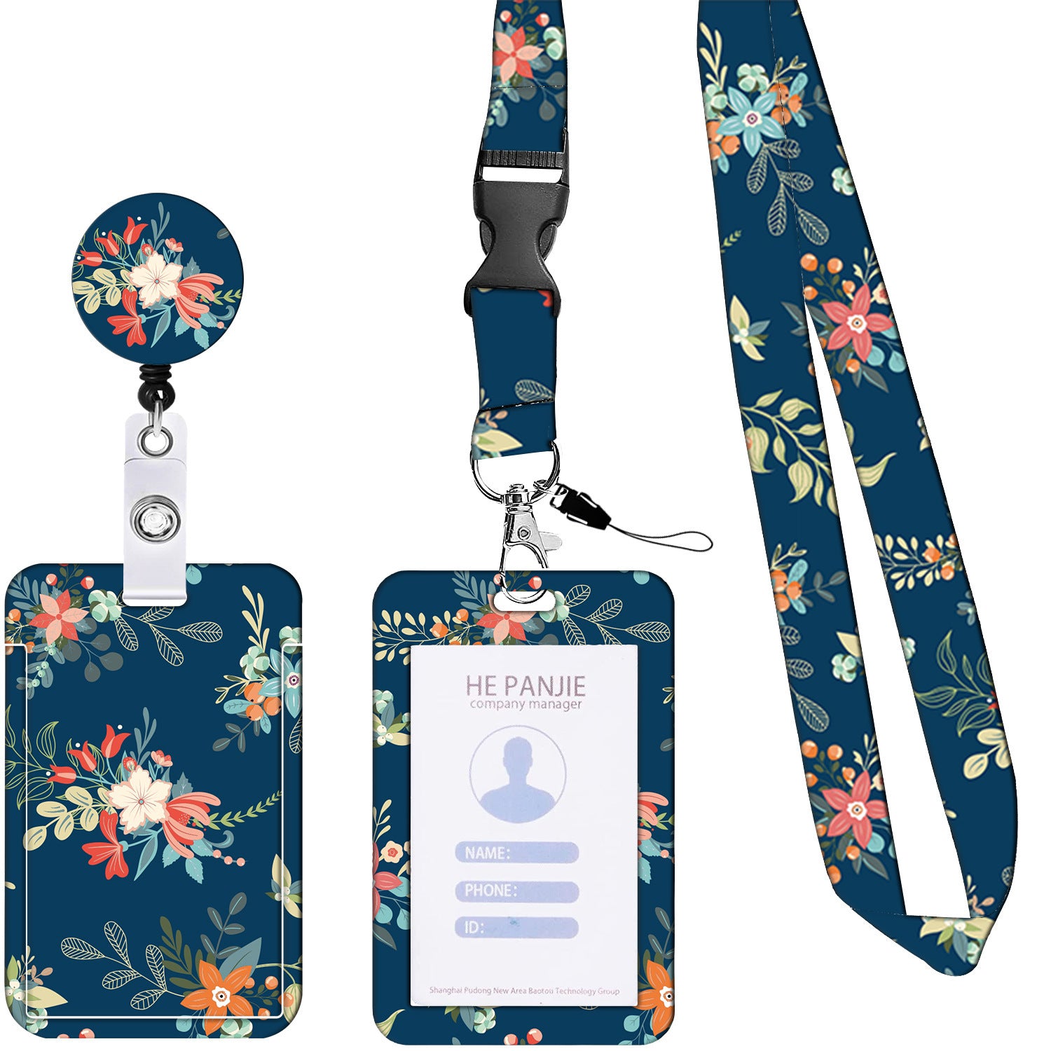 Image of 2 pcs blue floral pattern retractable badge reel & id card holder set with lanyard - durable abs plastic  suitable for aged care, corporate offices, and commercial settings