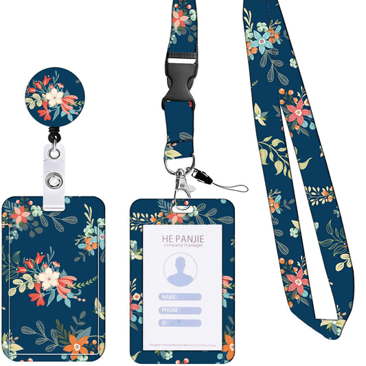 Image of 2 pcs blue floral pattern retractable badge reel & id card holder set with lanyard - durable abs plastic  suitable for aged care, corporate offices, and commercial settings