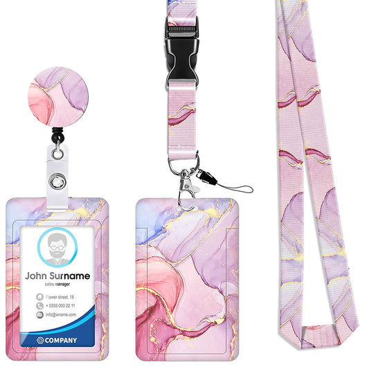 Image of 2 pcs pink geometric patterns retractable badge reel & id card holder set with lanyard - durable abs plastic  suitable for aged care, corporate offices, and commercial settings